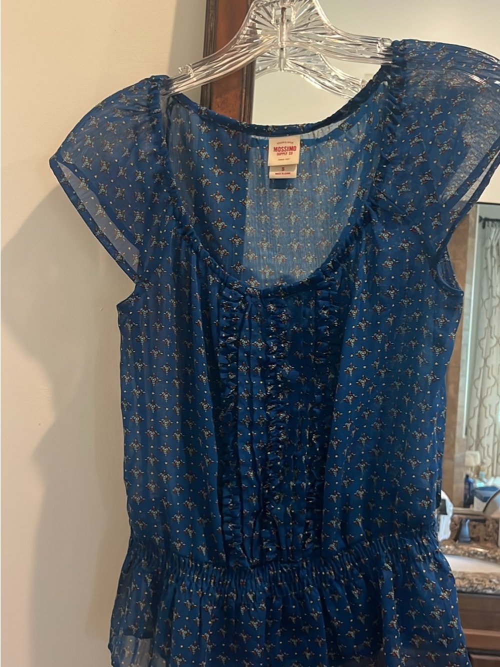 Mossimo Supply Co. Navy Blue Floral Ruffle-Front Sheer Blouse